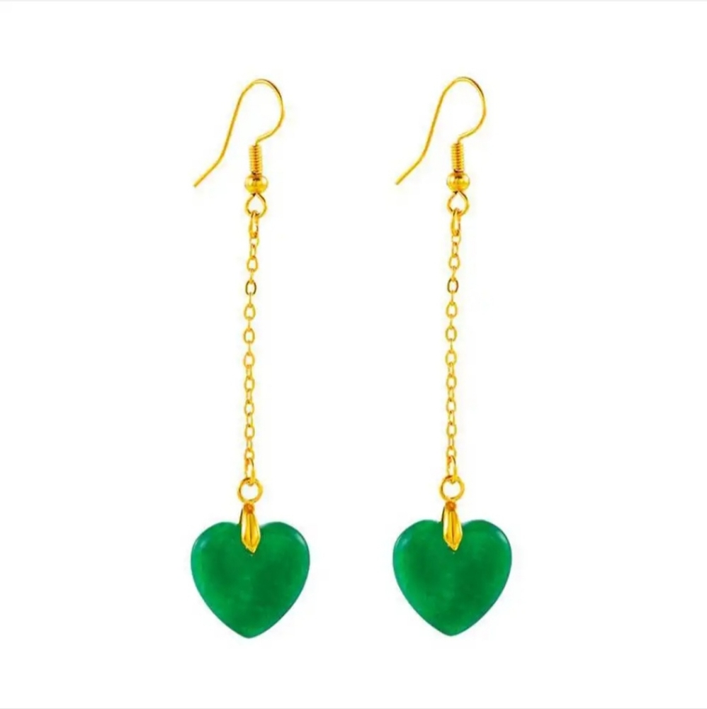 Green Heart Jadeite Gemstone Gold Hook Long Drop Dangling Earrings